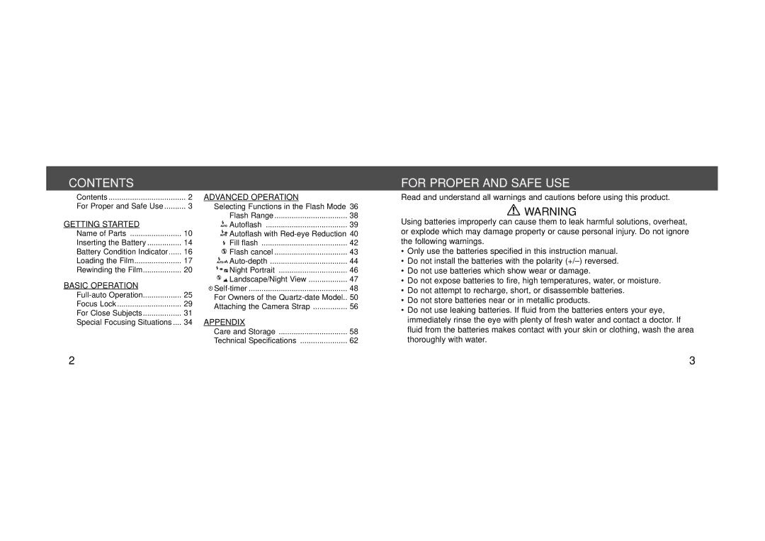 Konica Minolta 115 instruction manual Contents, For Proper and Safe USE 