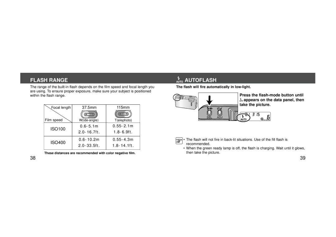 Konica Minolta 115 instruction manual Flash Range, Autoflash 