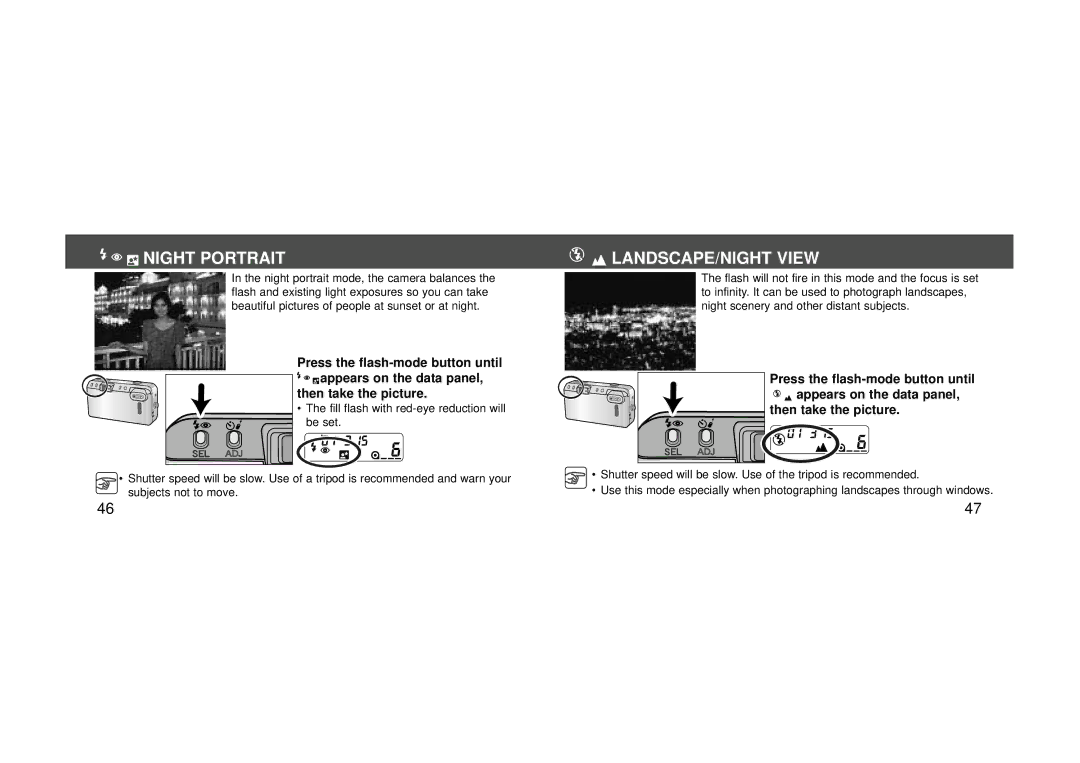 Konica Minolta 115 instruction manual Night Portrait, LANDSCAPE/NIGHT View 