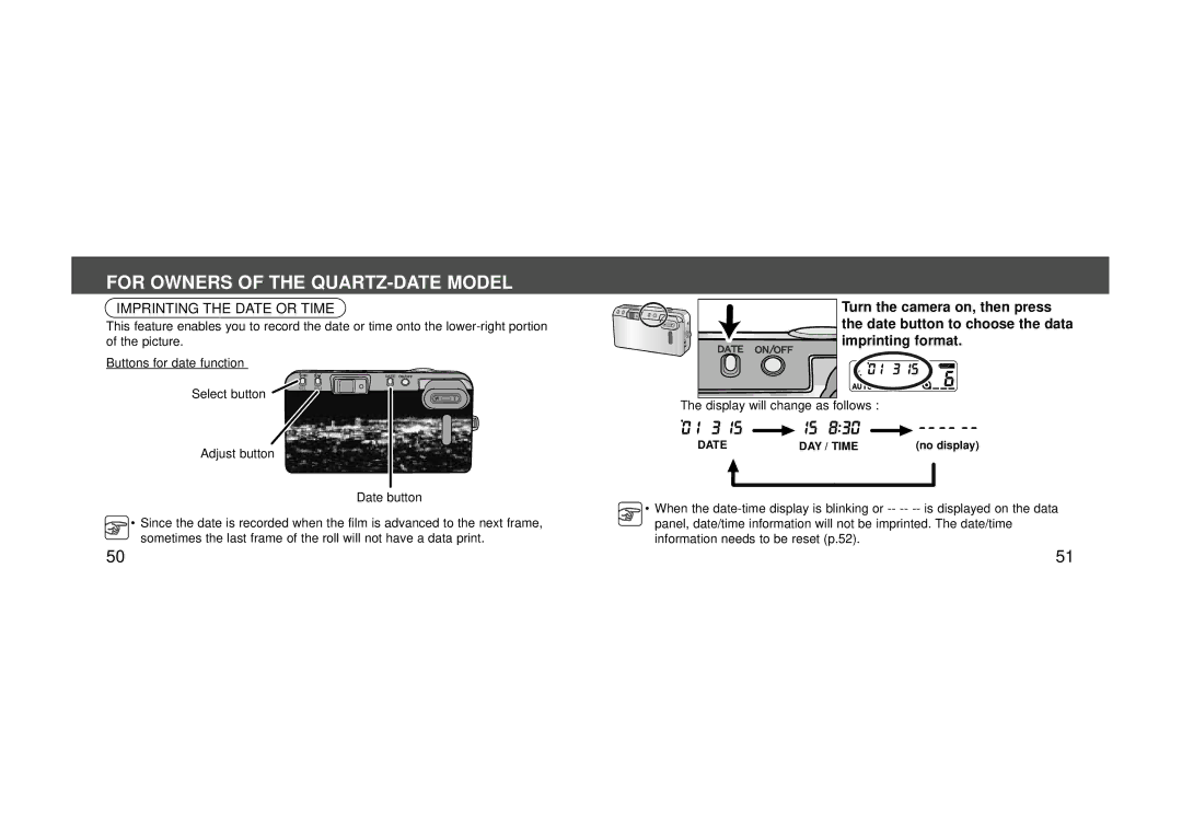 Konica Minolta 115 instruction manual For Owners of the QUARTZ-DATE Model, Imprinting the Date or Time 