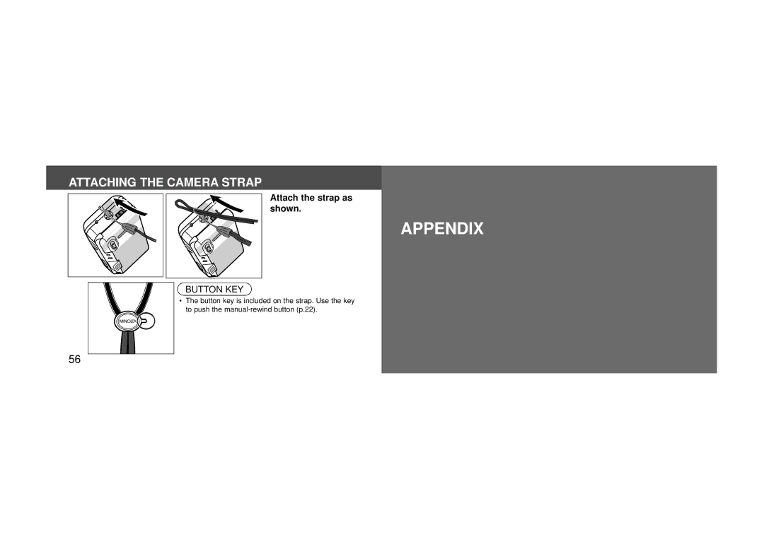 Konica Minolta 115 instruction manual Appendix, Attaching the Camera Strap 