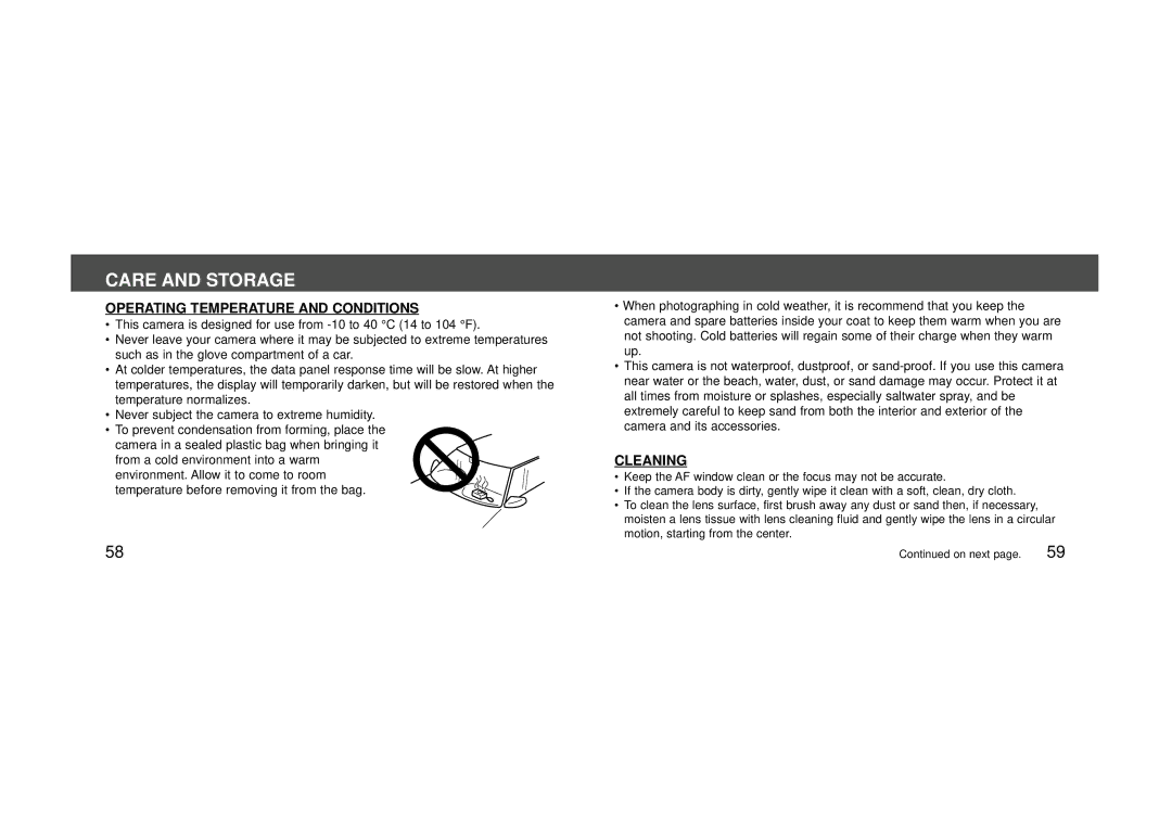 Konica Minolta 115 instruction manual Care and Storage, Operating Temperature and Conditions 