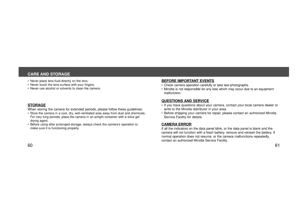 Konica Minolta 115 instruction manual Care and Storage 