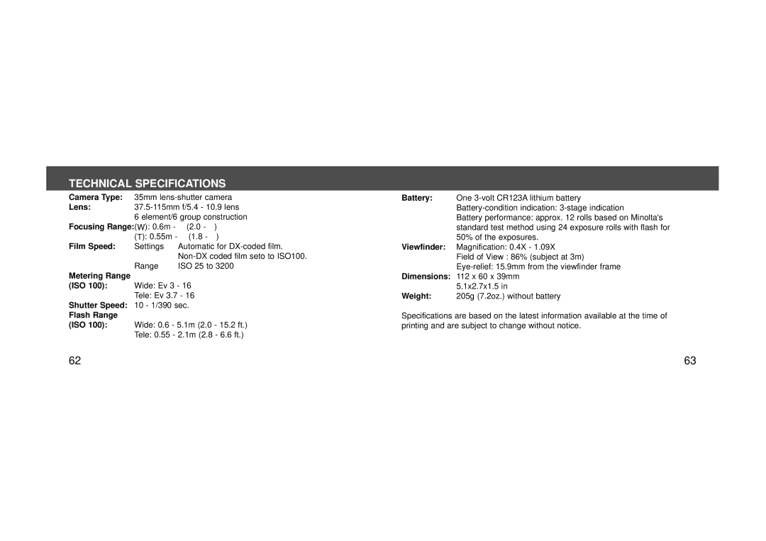 Konica Minolta 115 instruction manual Technical Specifications 