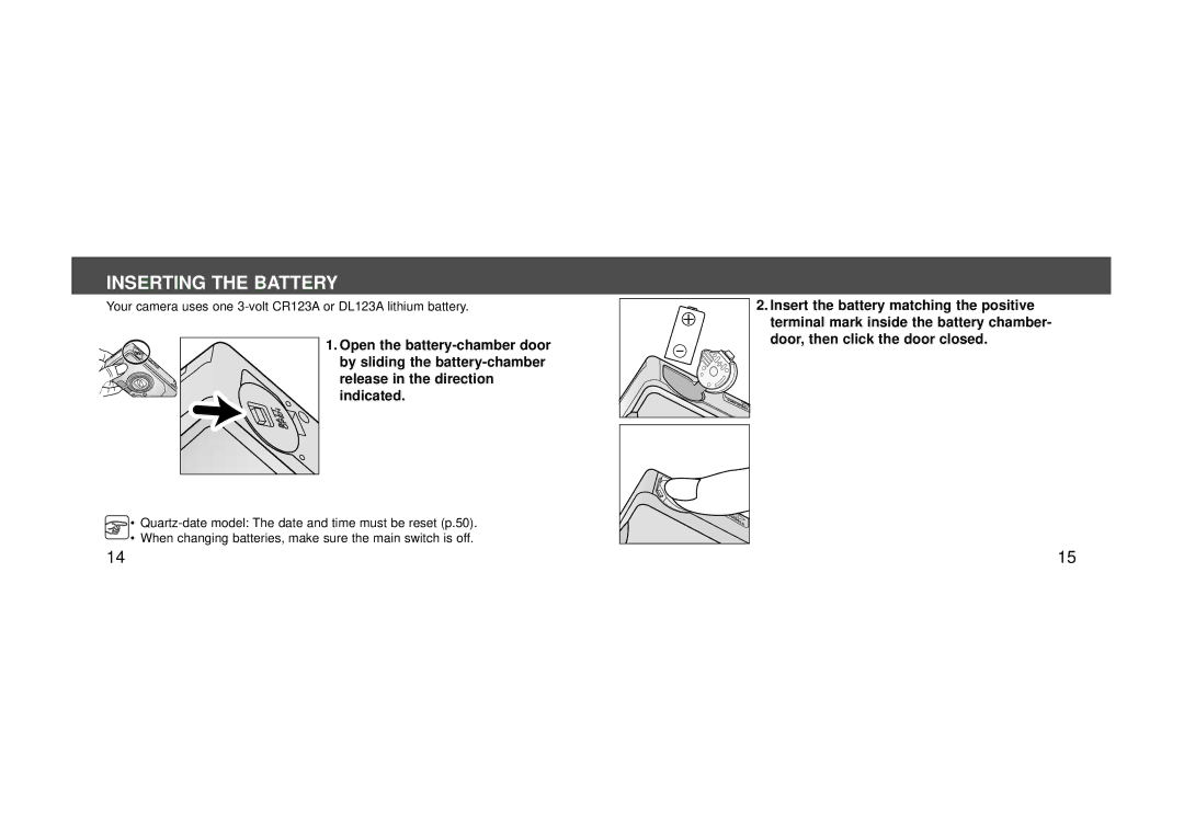 Konica Minolta 115 instruction manual Inserting the Battery 