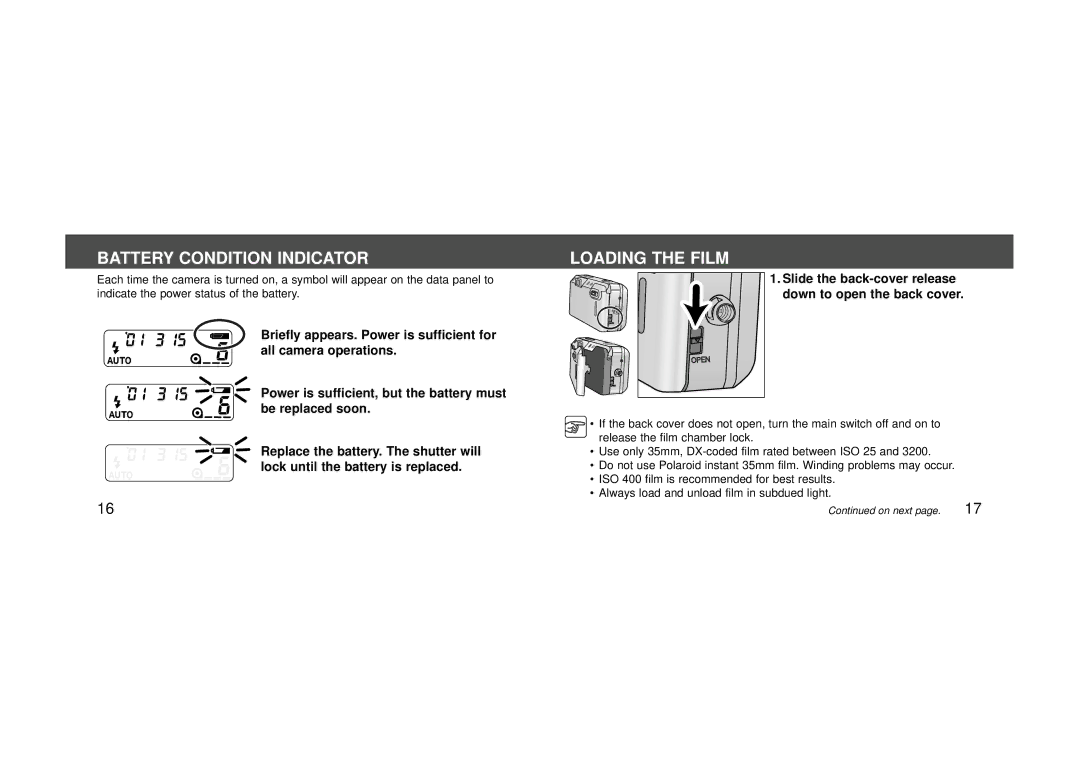 Konica Minolta 115 instruction manual Battery Condition Indicator, Loading the Film 