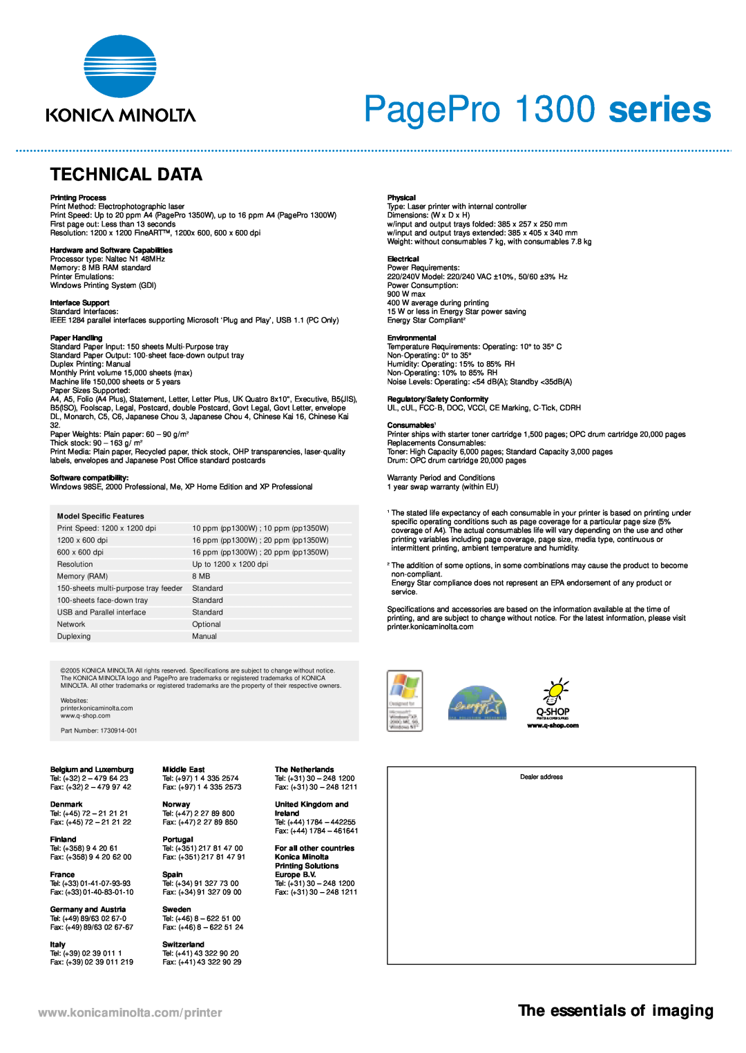 Konica Minolta 1300 Series manual PagePro 1300 series, Technical Data, The essentials of imaging 