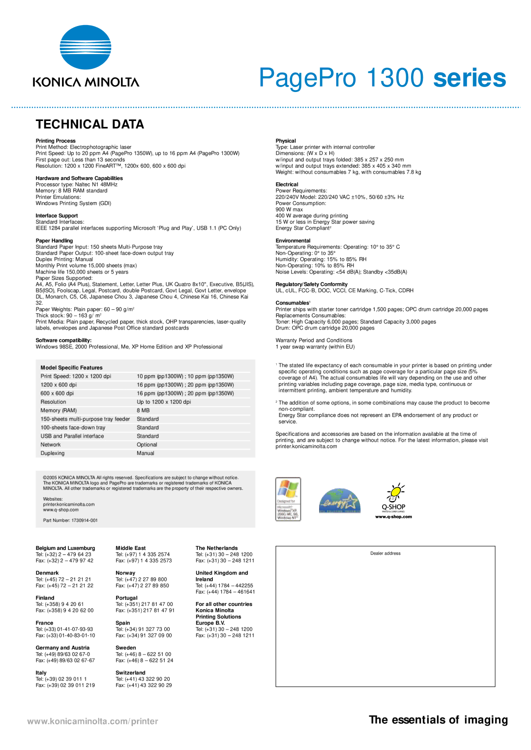 Konica Minolta 1300 Series manual Technical Data 