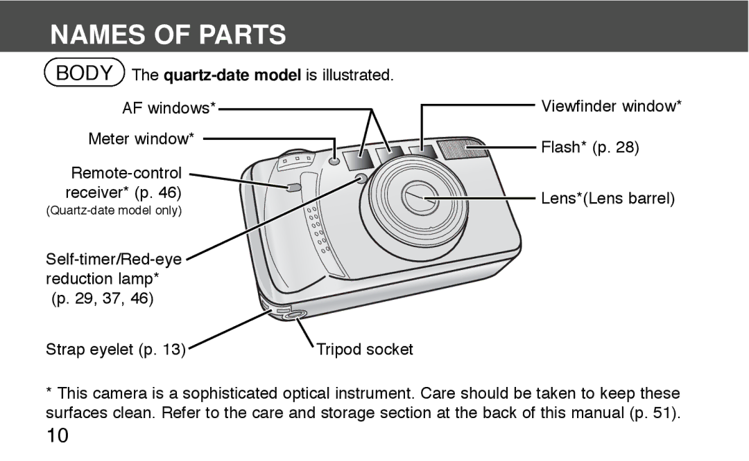 Konica Minolta 130C instruction manual Names of Parts, Reduction lamp 29, 37 Strap eyelet p Tripod socket 