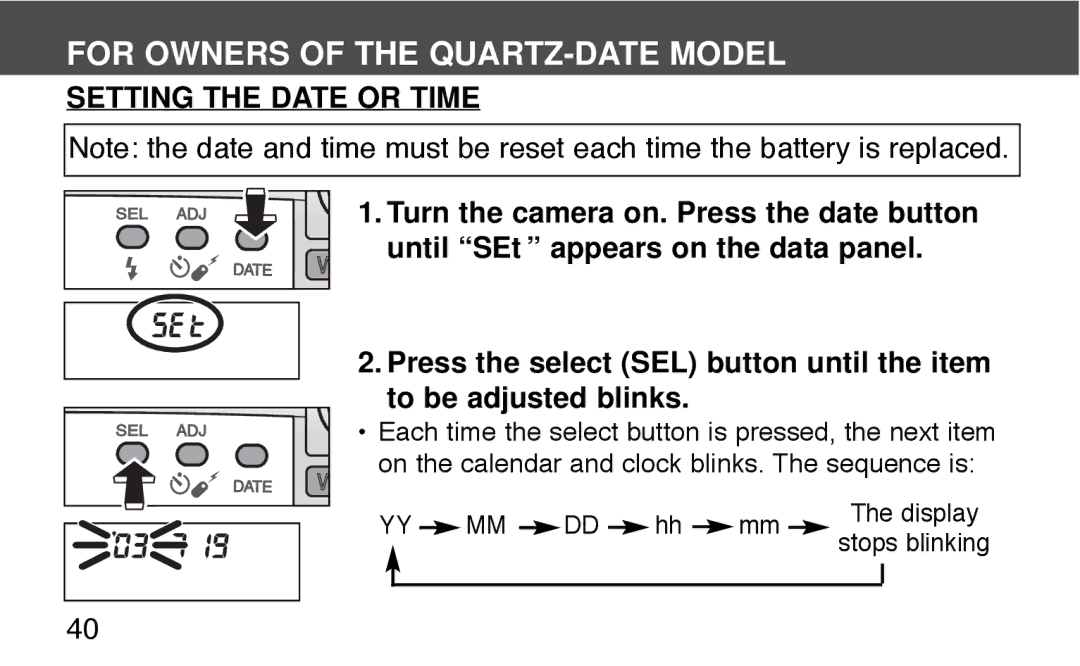 Konica Minolta 130C instruction manual For Owners of the QUARTZ-DATE Model, Setting the Date or Time 