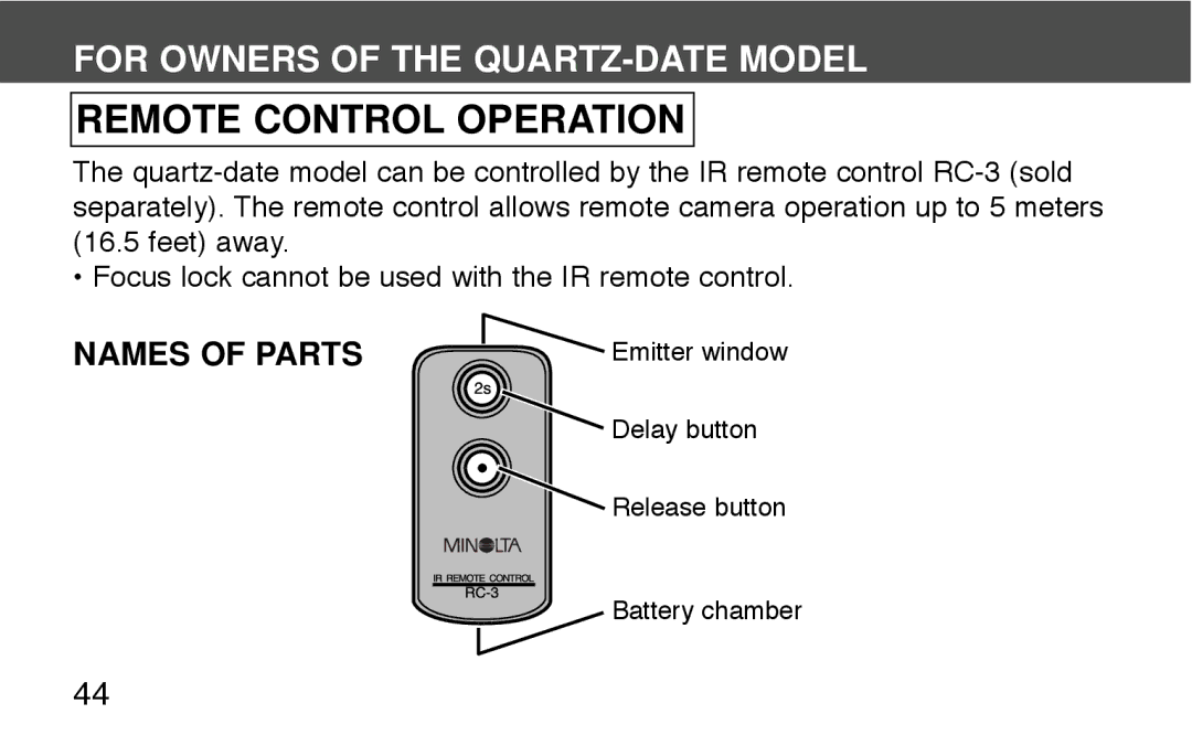 Konica Minolta 130C instruction manual Remote Control Operation, Names of Parts 