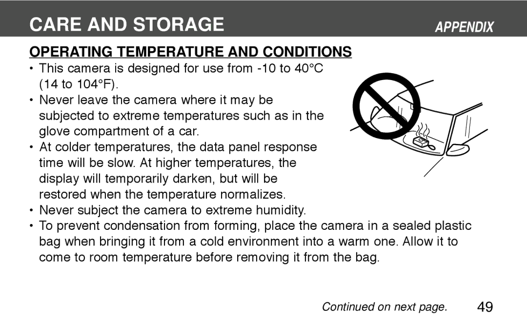 Konica Minolta 130C instruction manual Care and Storage, Operating Temperature and Conditions 