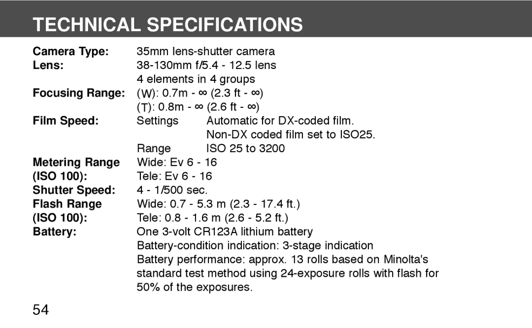 Konica Minolta 130C instruction manual Technical Specifications, Film Speed 