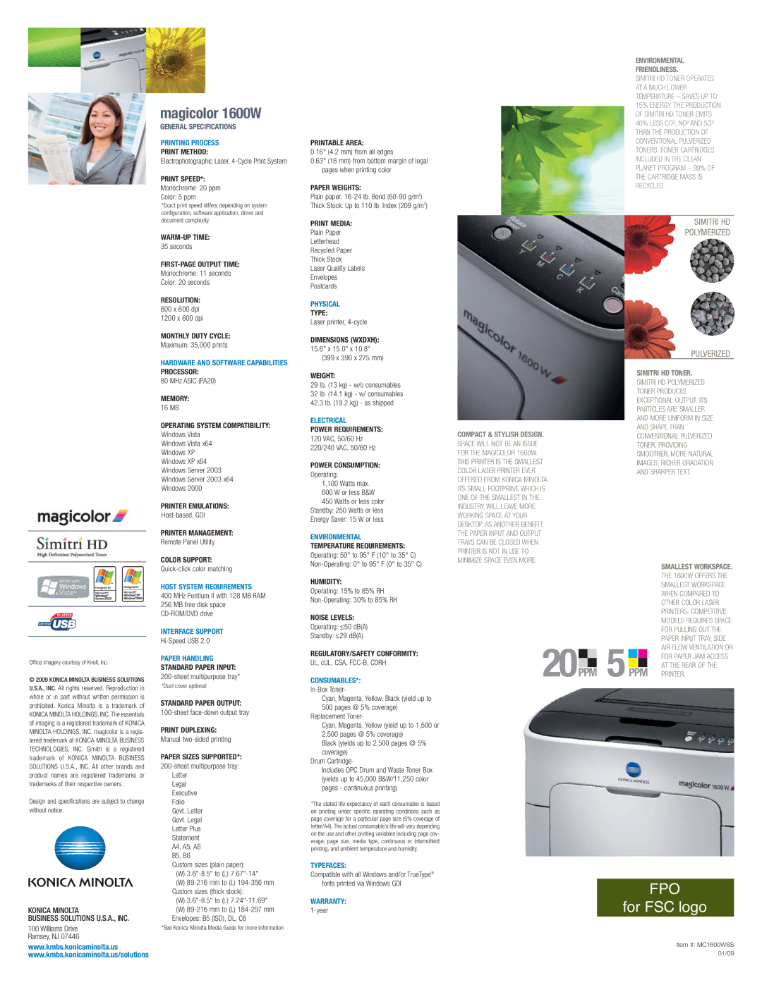 Konica Minolta 1600W manual Environmental Friendliness, Compact & Stylish Design, Simitri HD Toner, Smallest Workspace 