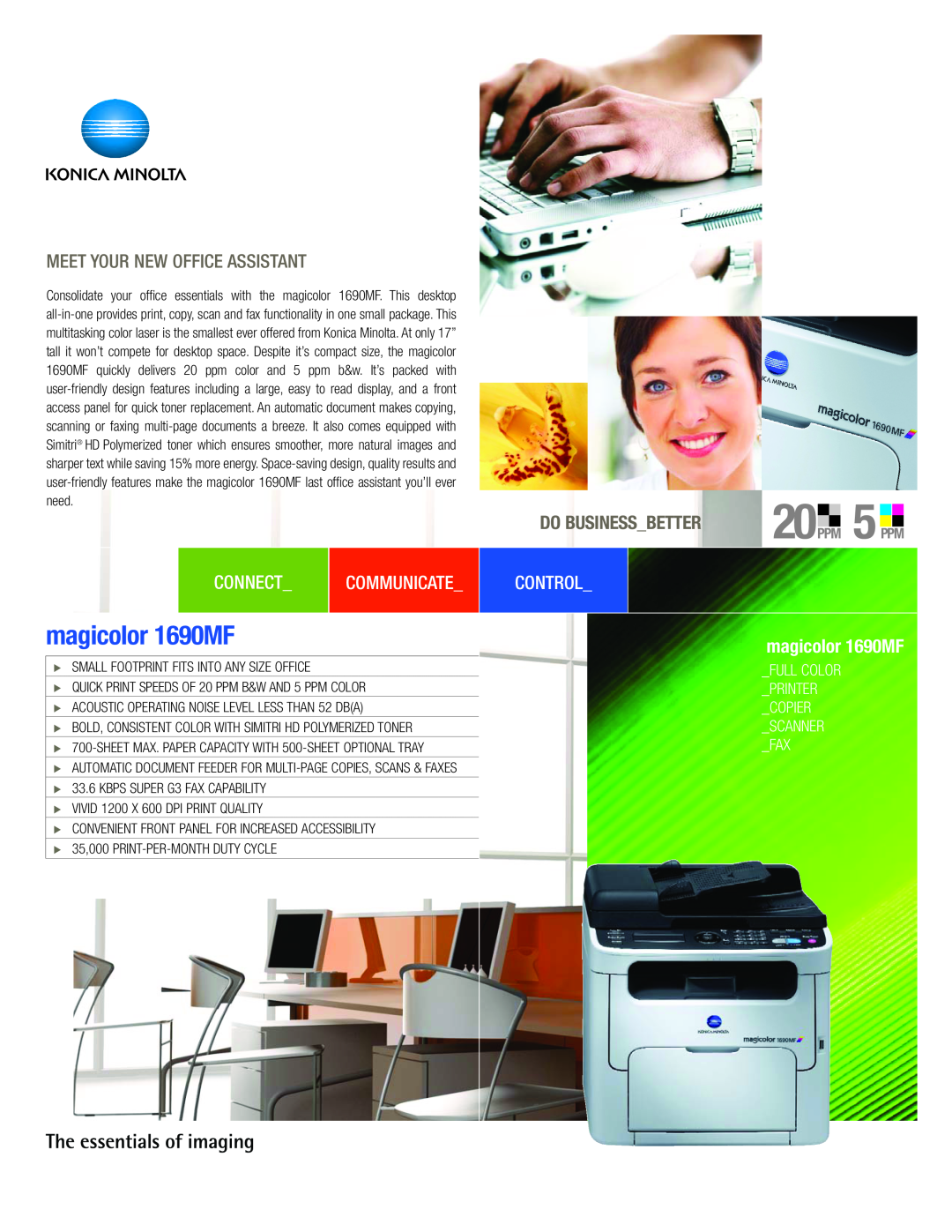 Konica Minolta manual Connect, Control, magicolor 1690MF, Communicate, Do Business Better, Printer, Copier, Scanner 
