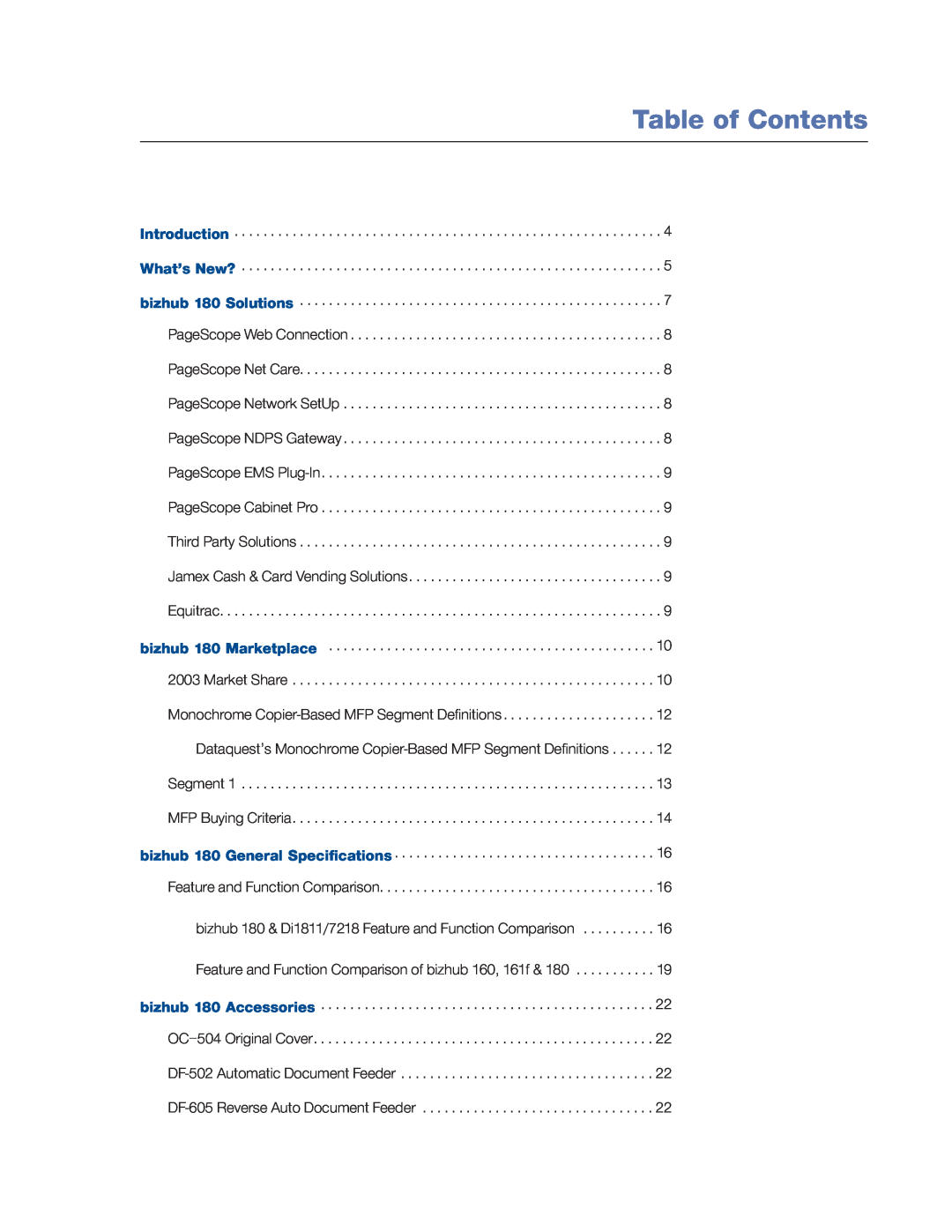 Konica Minolta manual Table of Contents, bizhub 180 & Di1811/7218 Feature and Function Comparison 