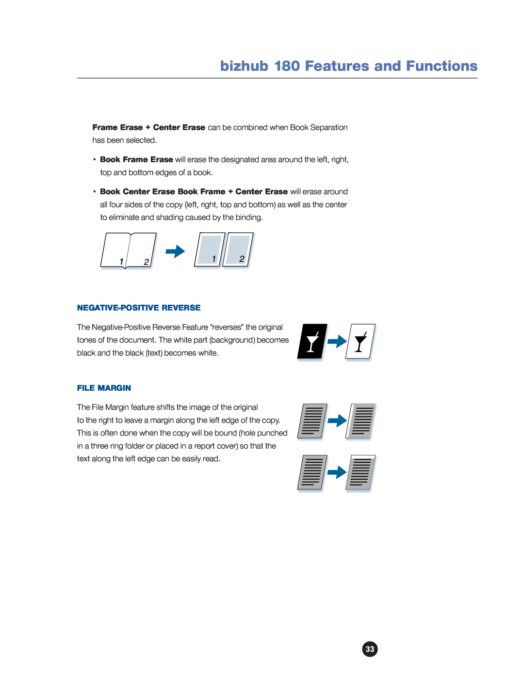 Konica Minolta manual Negative-Positive Reverse, File Margin, bizhub 180 Features and Functions 