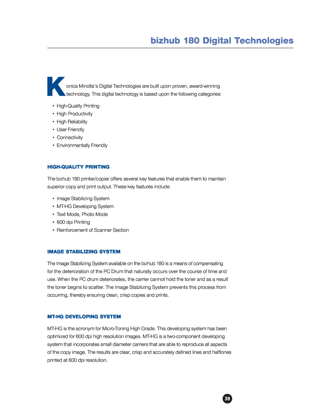 Konica Minolta manual bizhub 180 Digital Technologies, High-Quality Printing, Image Stabilizing System 