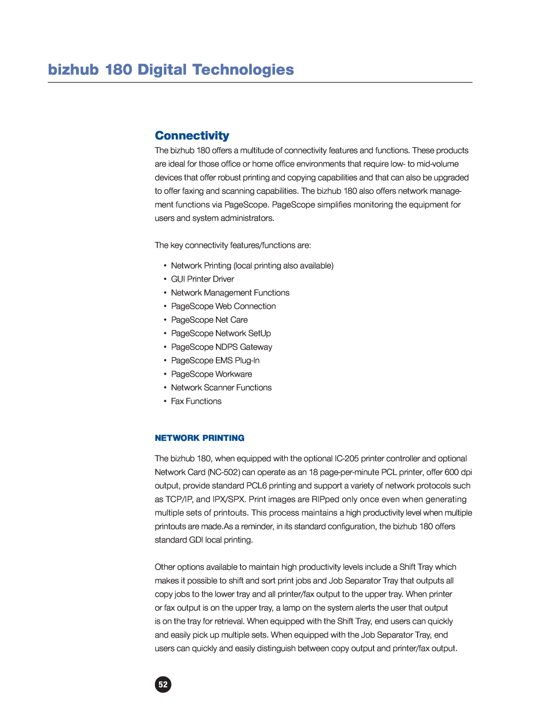 Konica Minolta manual Connectivity, Network Printing, bizhub 180 Digital Technologies 