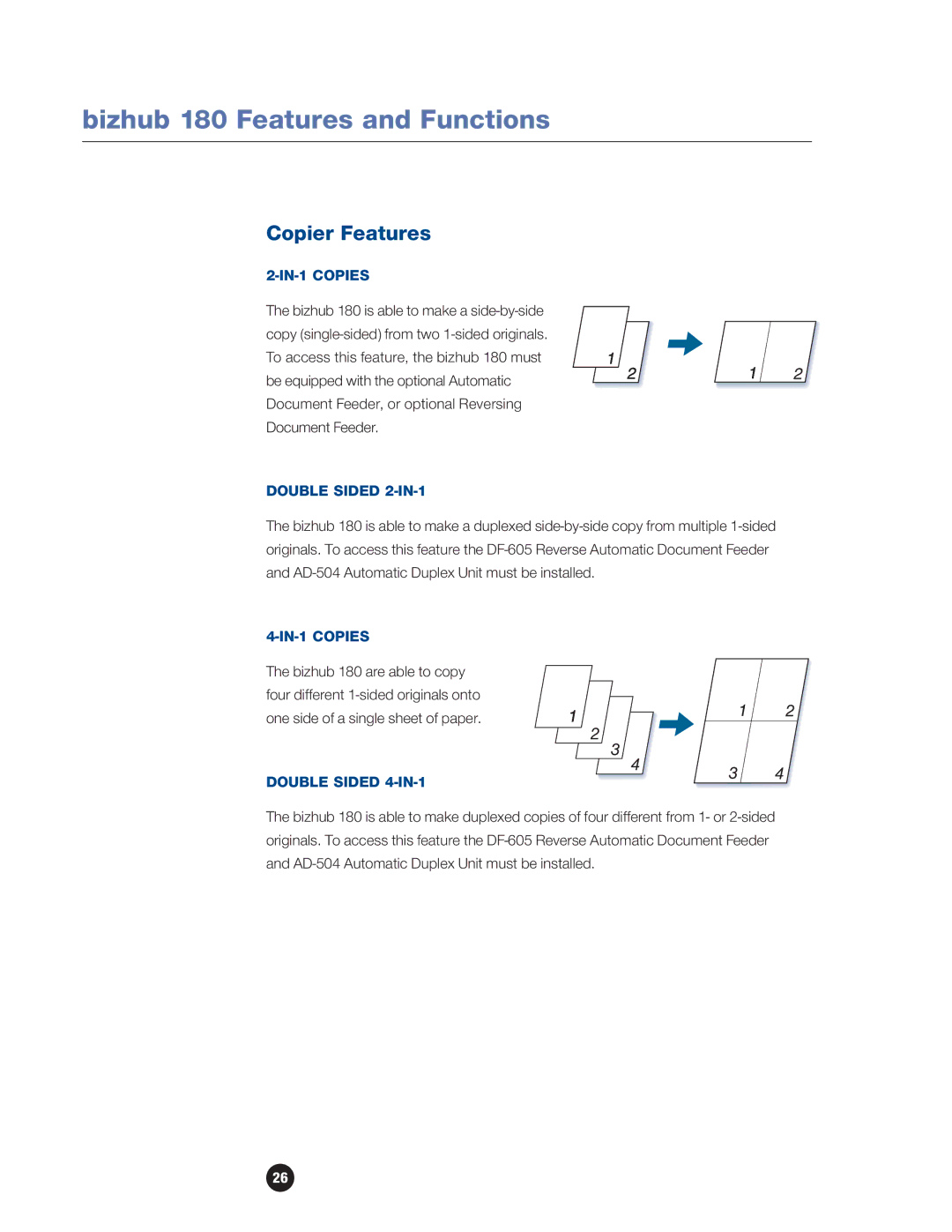 Konica Minolta manual Bizhub 180 Features and Functions, Copier Features, IN-1 Copies, Double Sided 2-IN-1 