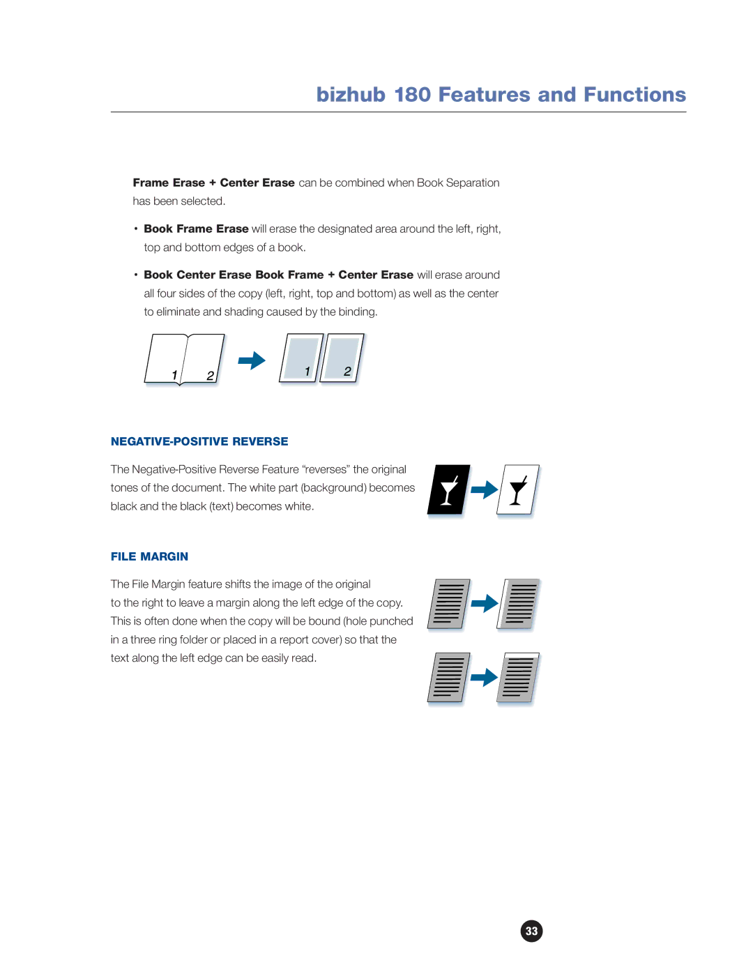 Konica Minolta 180 manual NEGATIVE-POSITIVE Reverse, File Margin feature shifts the image of the original 