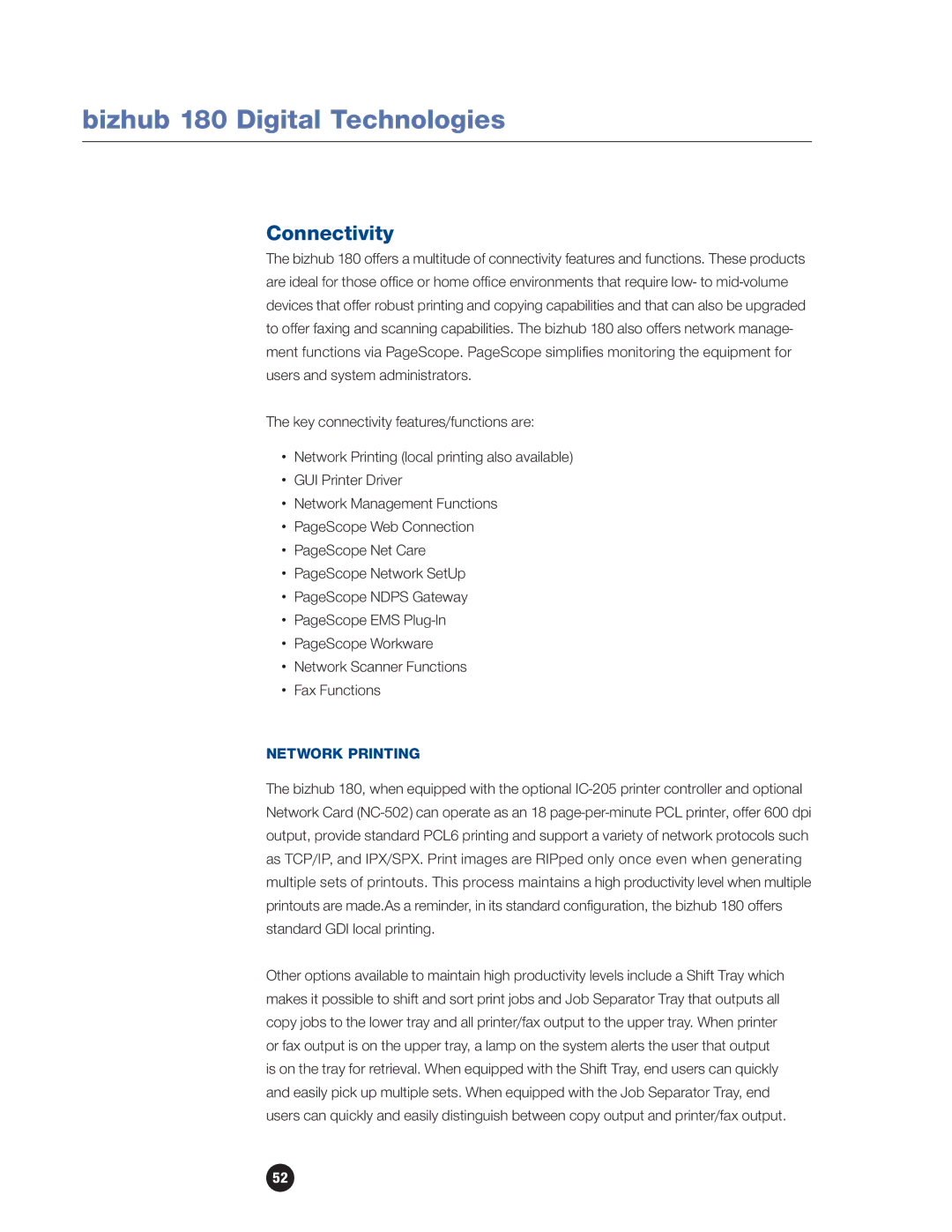 Konica Minolta 180 manual Connectivity, Network Printing 