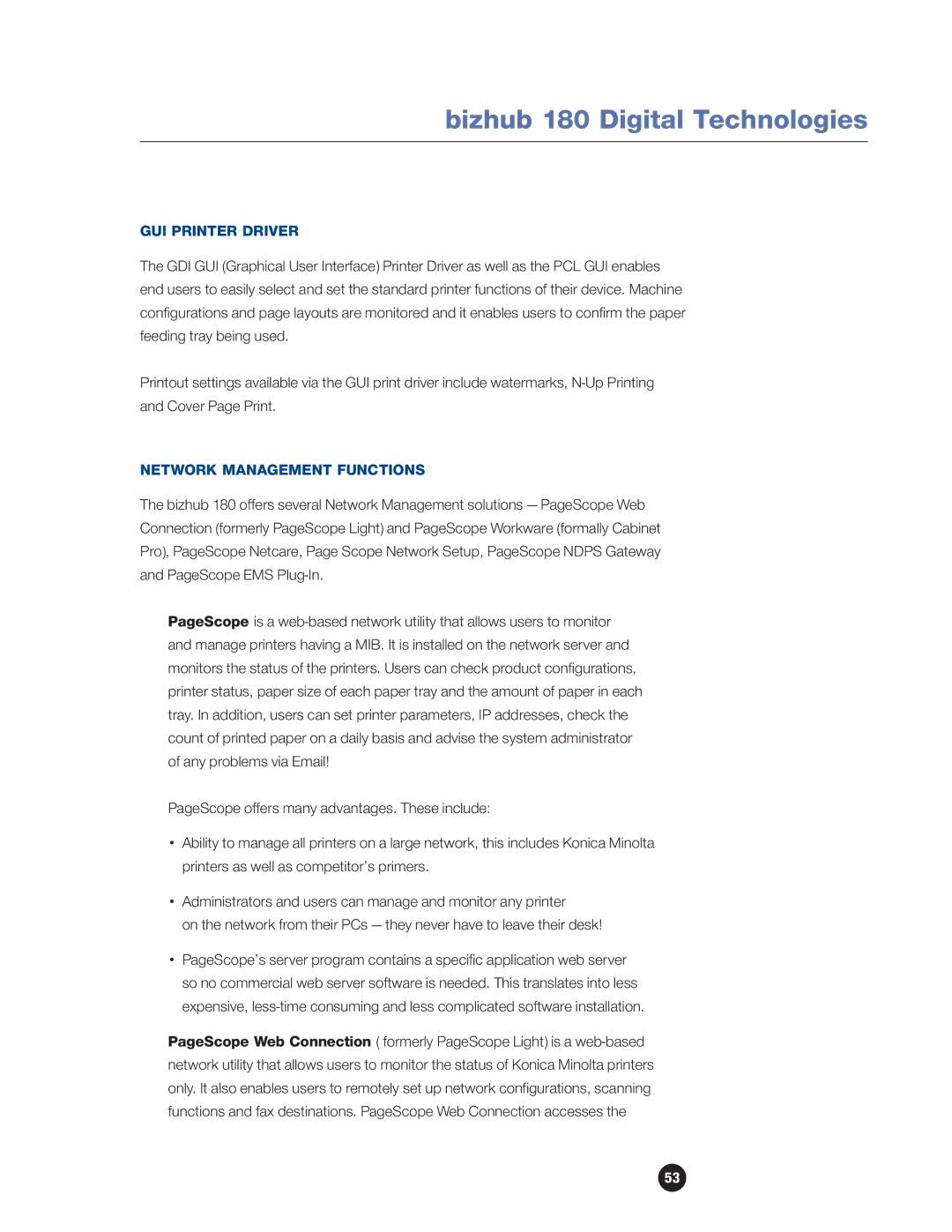 Konica Minolta 180 manual GUI Printer Driver, Network Management Functions 