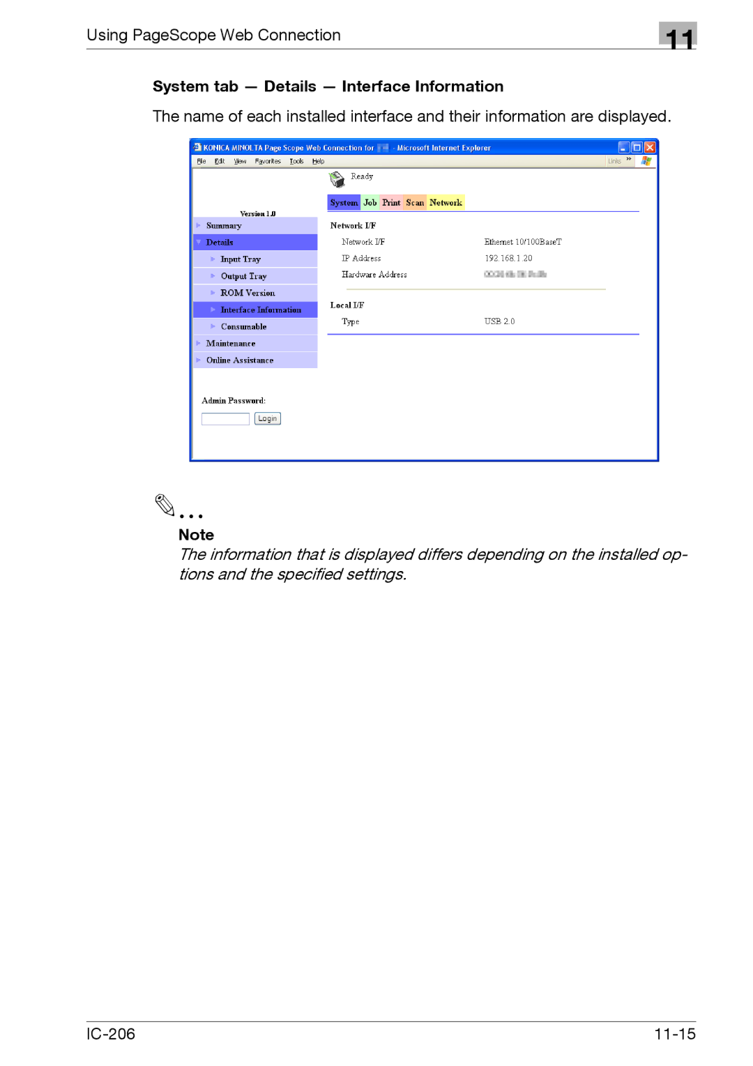 Konica Minolta 163, 211, 181 manual System tab Details Interface Information 