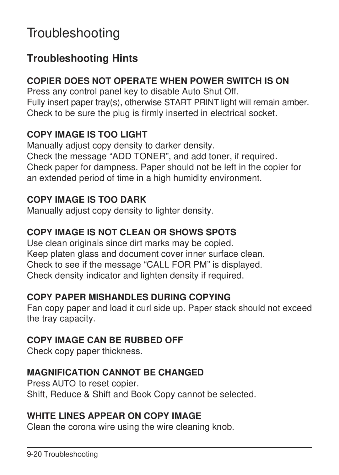 Konica Minolta 2223 user manual Troubleshooting Hints, Copy Image is TOO Light 