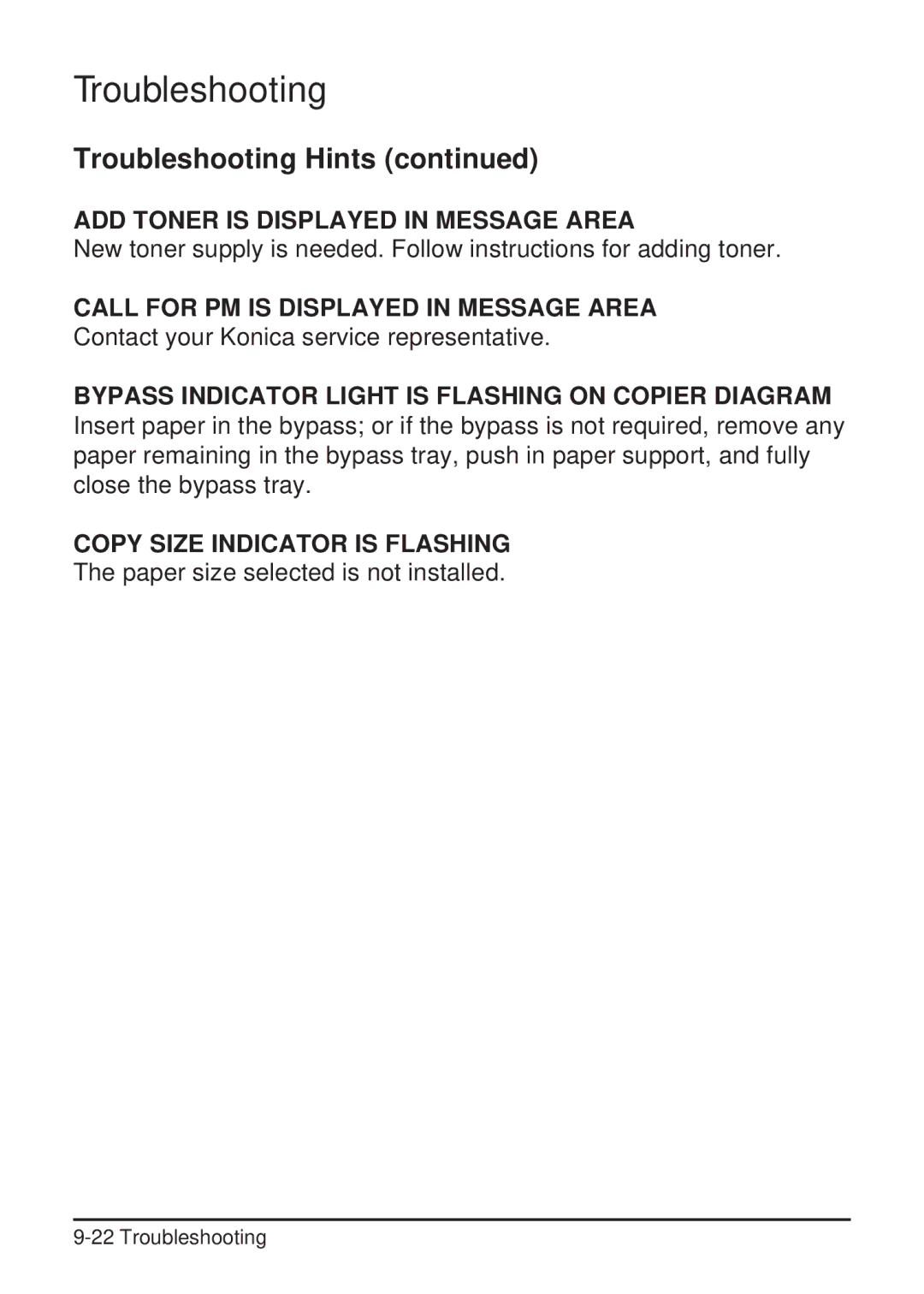 Konica Minolta 2223 user manual Copy Size Indicator is Flashing 