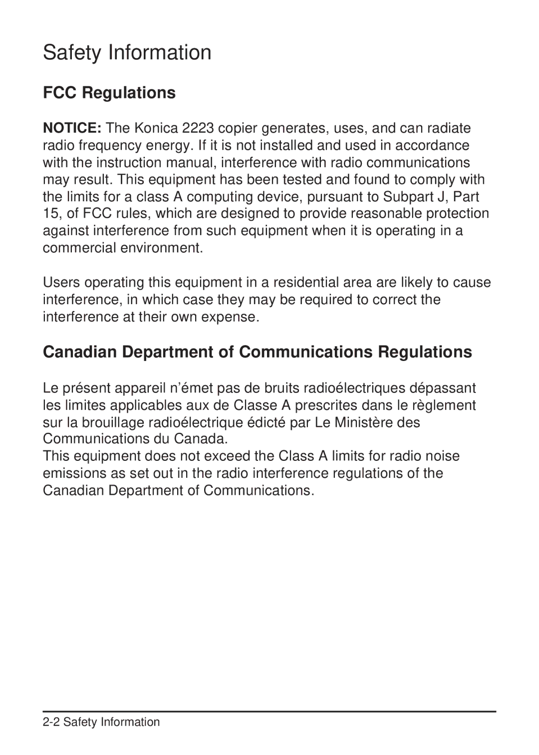 Konica Minolta 2223 user manual FCC Regulations, Canadian Department of Communications Regulations 