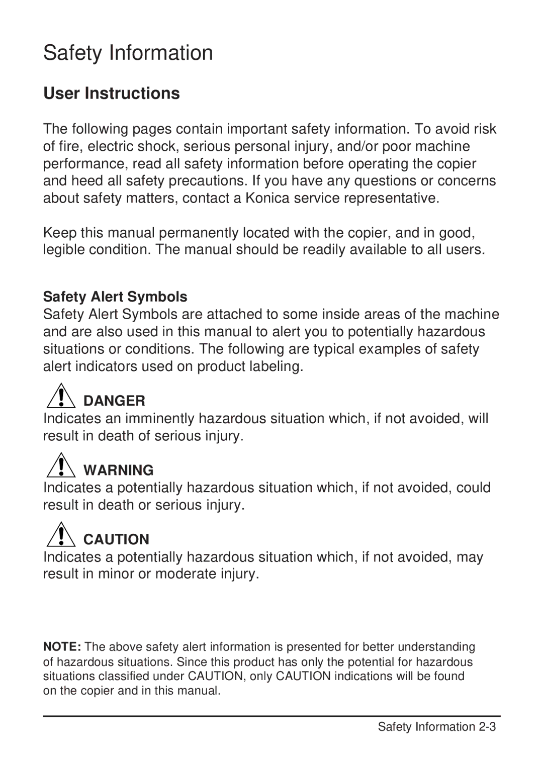 Konica Minolta 2223 user manual User Instructions, Safety Alert Symbols 