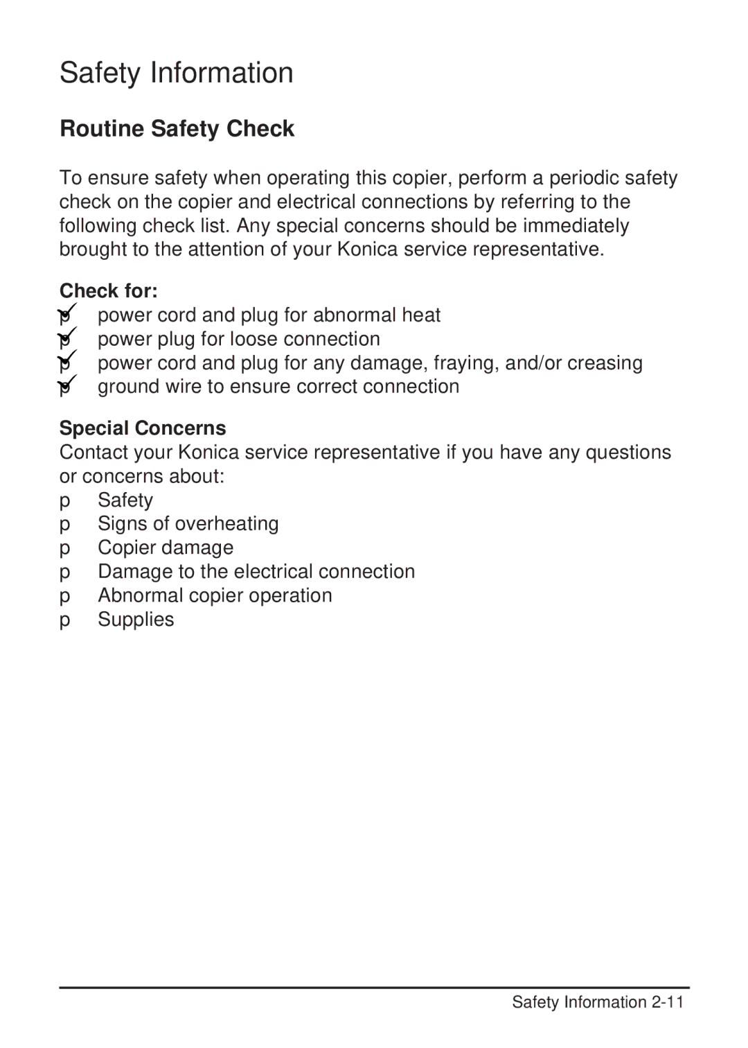 Konica Minolta 2223 user manual Routine Safety Check, Check for, Special Concerns 