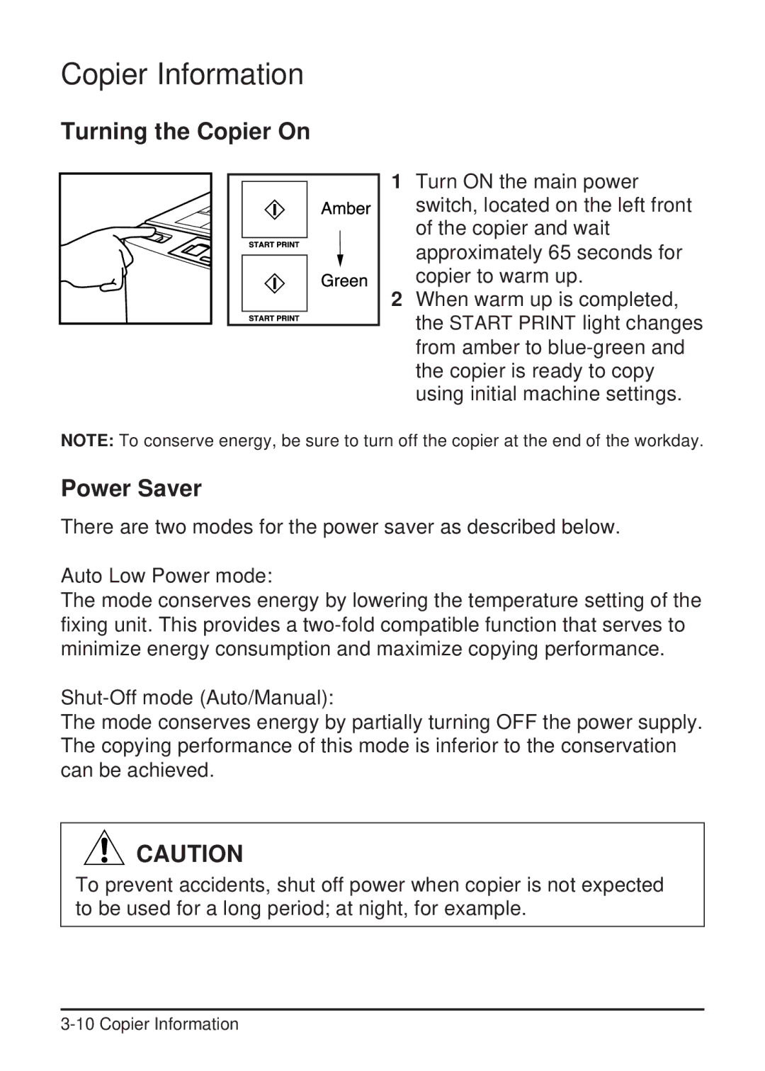 Konica Minolta 2223 user manual Turning the Copier On, Power Saver 