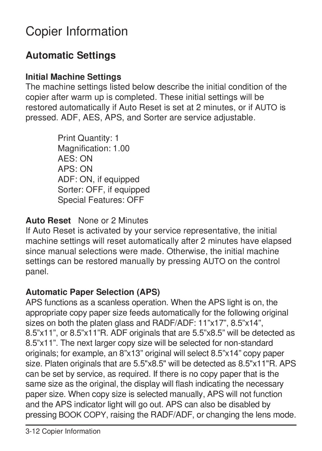 Konica Minolta 2223 user manual Automatic Settings, Initial Machine Settings, Automatic Paper Selection APS 