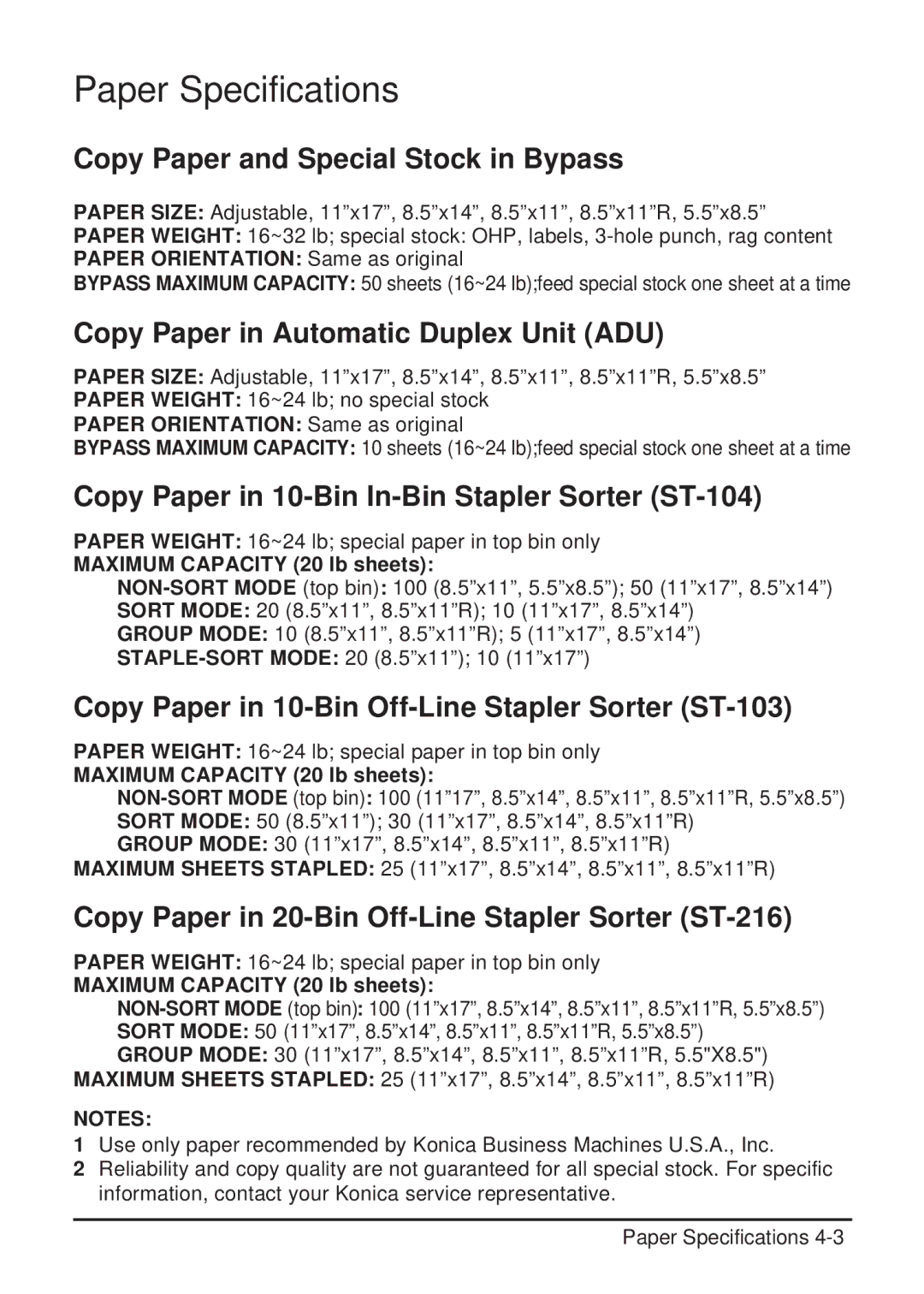 Konica Minolta 2223 user manual Copy Paper and Special Stock in Bypass, Copy Paper in Automatic Duplex Unit ADU 