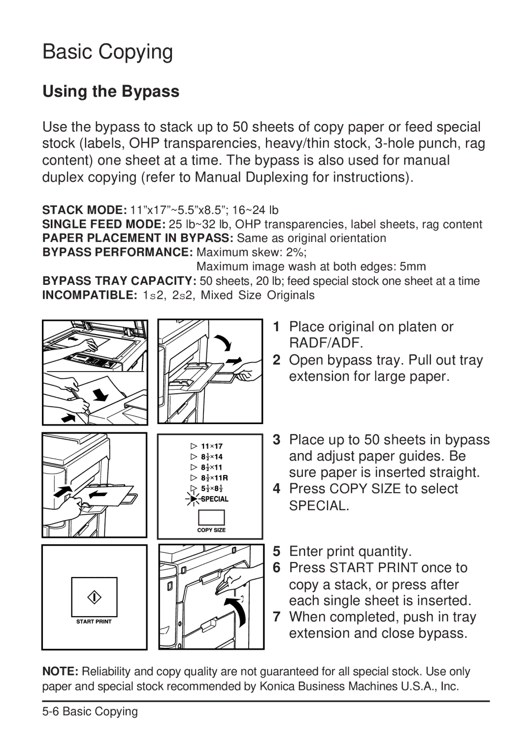 Konica Minolta 2223 user manual Using the Bypass, Bypass Performance Maximum skew 2% 