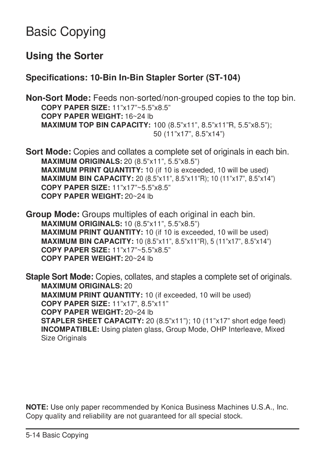 Konica Minolta 2223 user manual Using the Sorter, Specifications 10-Bin In-Bin Stapler Sorter ST-104 