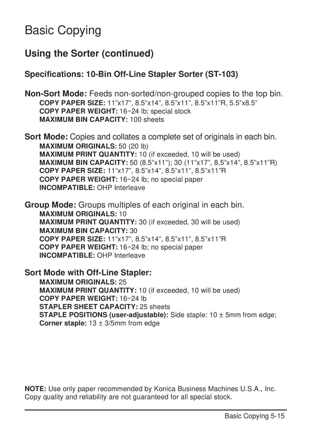 Konica Minolta 2223 user manual Specifications 10-Bin Off-Line Stapler Sorter ST-103, Sort Mode with Off-Line Stapler 