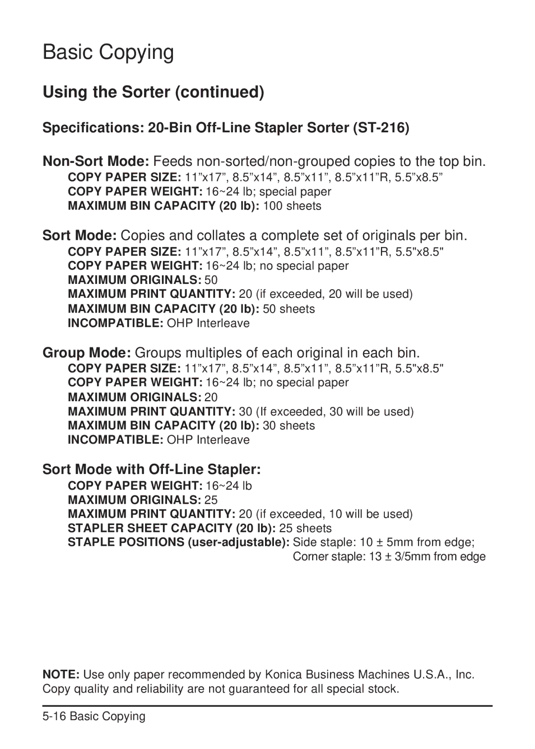 Konica Minolta 2223 Specifications 20-Bin Off-Line Stapler Sorter ST-216, Stapler Sheet Capacity 20 lb 25 sheets 