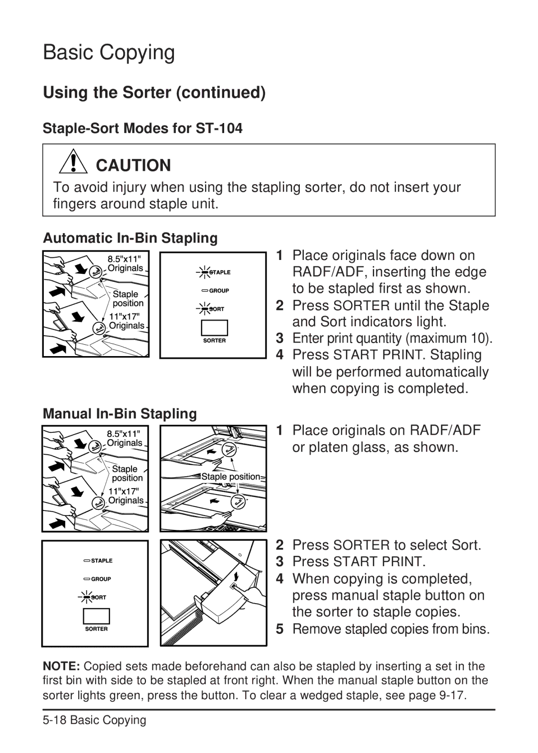 Konica Minolta 2223 user manual Staple-Sort Modes for ST-104, Automatic In-Bin Stapling, Manual In-Bin Stapling 