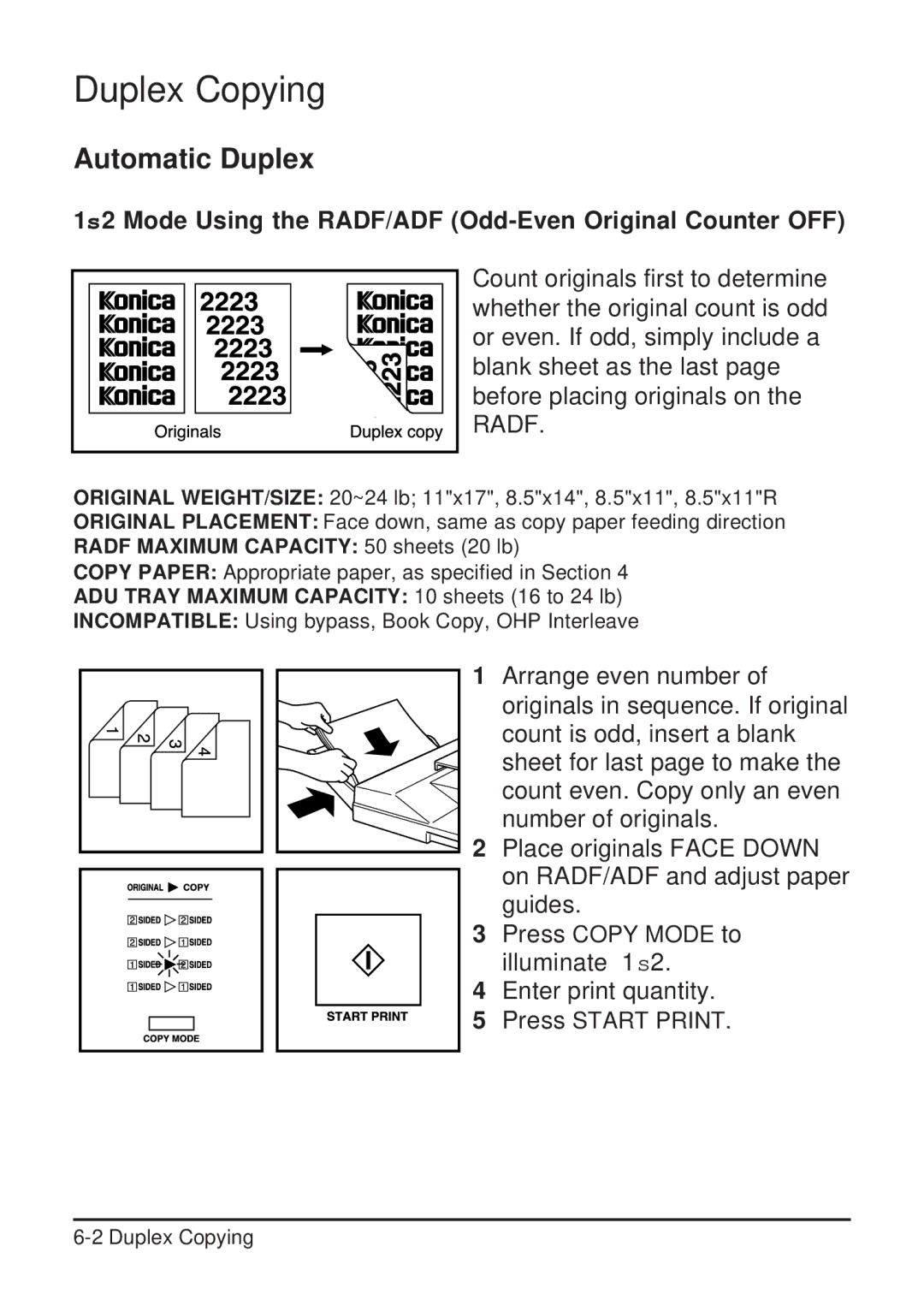 Konica Minolta 2223 user manual Automatic Duplex, 1s2 Mode Using the RADF/ADF Odd-Even Original Counter OFF 