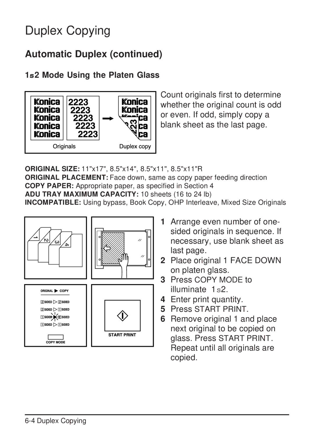 Konica Minolta 2223 user manual 1s2 Mode Using the Platen Glass 