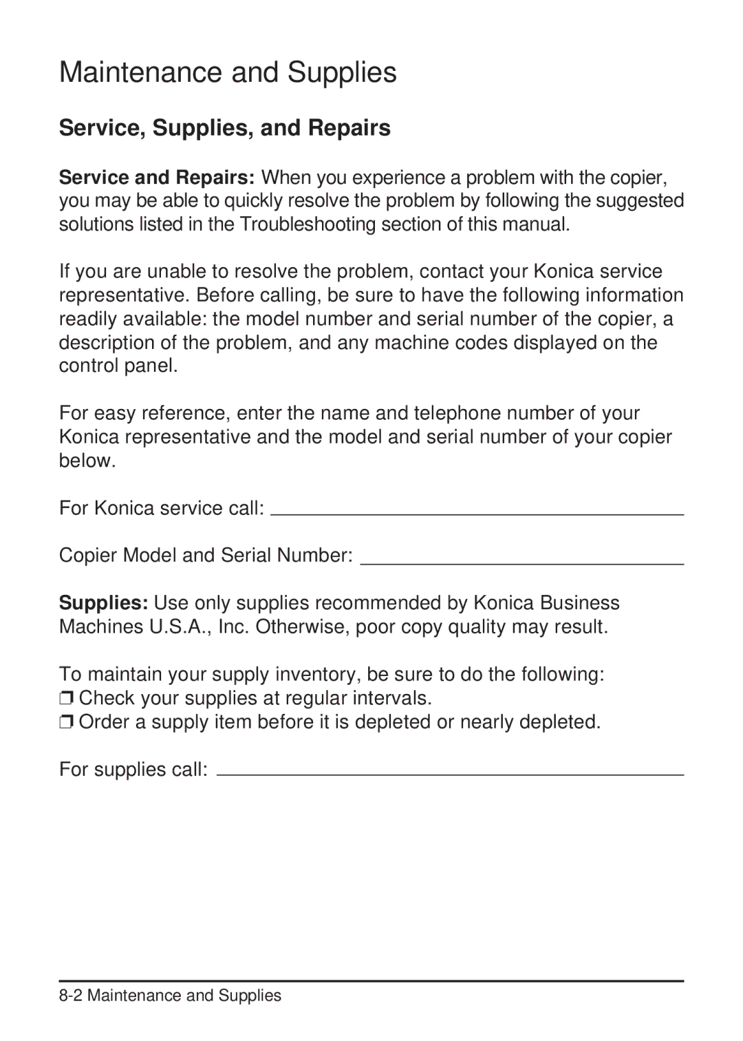 Konica Minolta 2223 user manual Maintenance and Supplies, Service, Supplies, and Repairs 