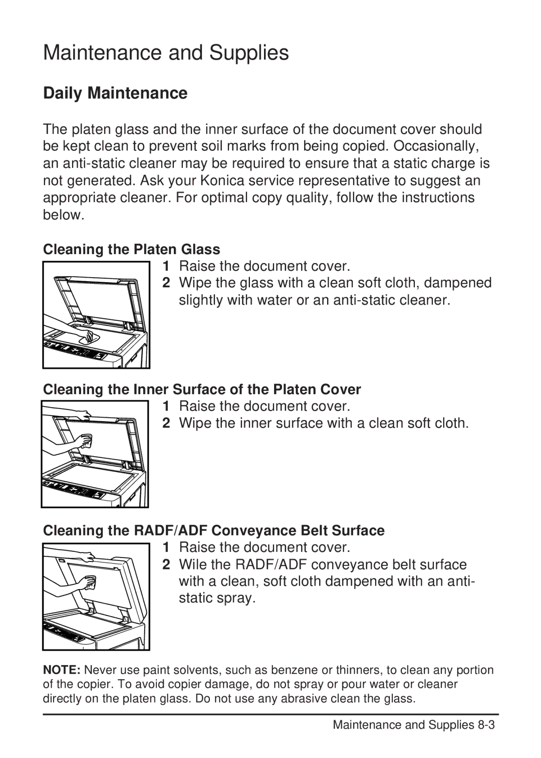 Konica Minolta 2223 Daily Maintenance, Cleaning the Platen Glass, Cleaning the Inner Surface of the Platen Cover 