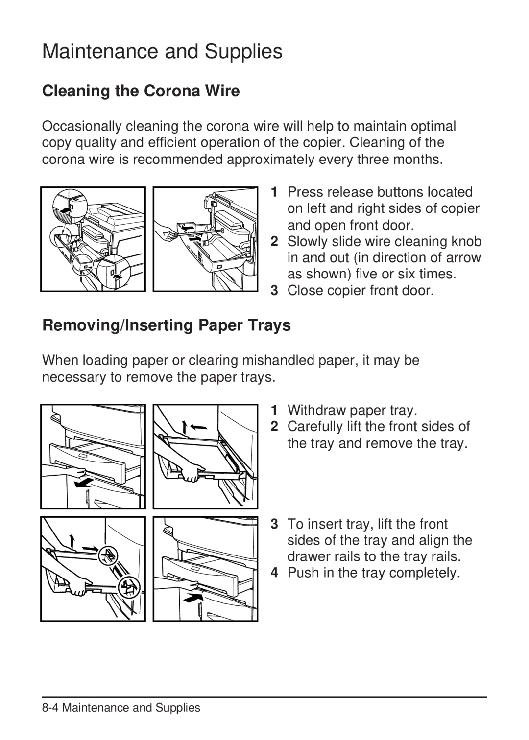 Konica Minolta 2223 user manual Cleaning the Corona Wire, Removing/Inserting Paper Trays 