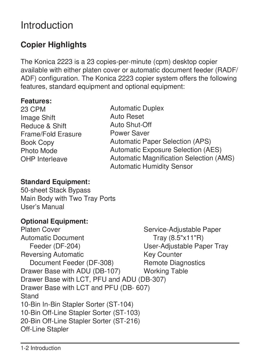 Konica Minolta 2223 user manual Copier Highlights, Features, Standard Equipment, Optional Equipment 