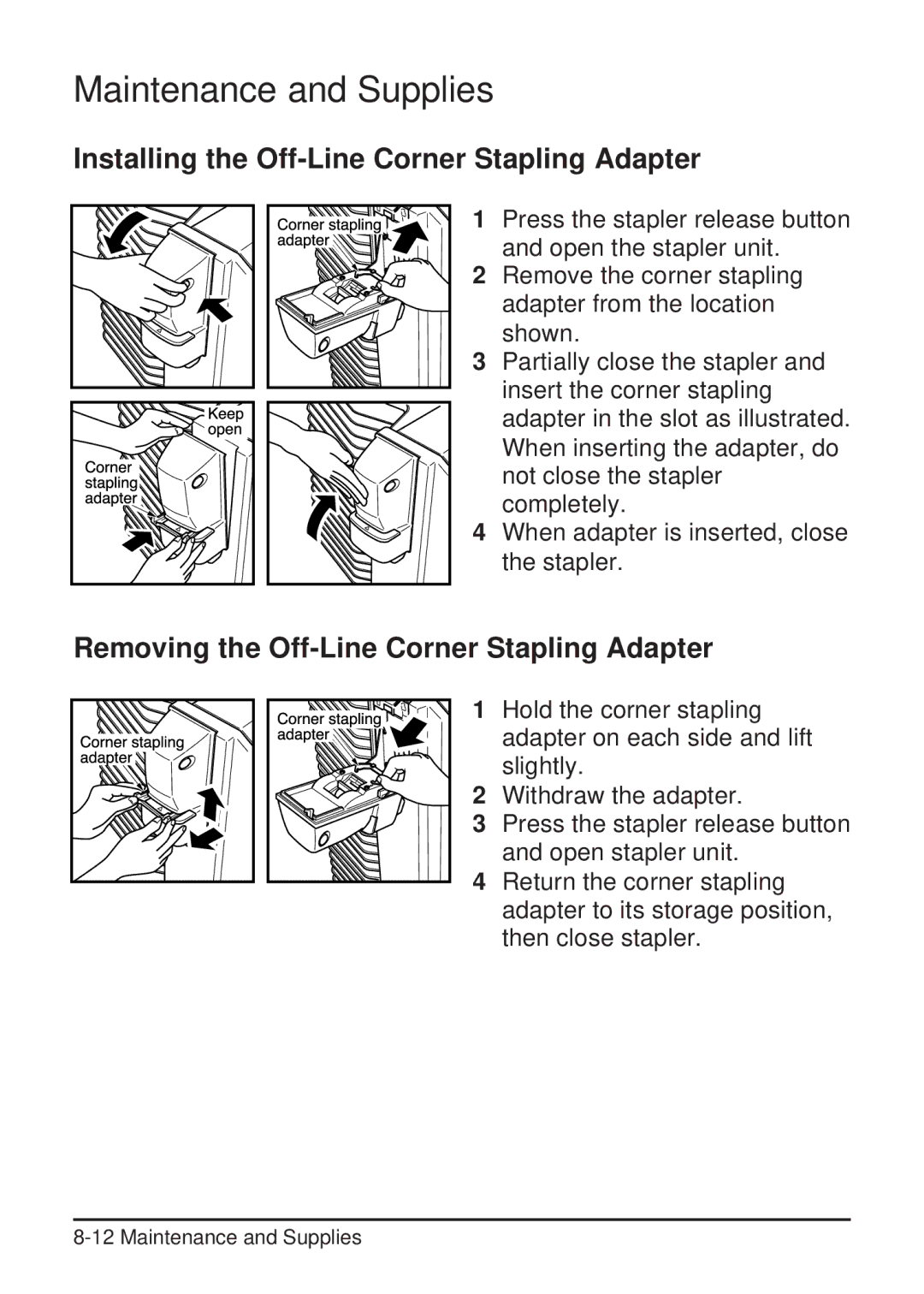 Konica Minolta 2223 Installing the Off-Line Corner Stapling Adapter, Removing the Off-Line Corner Stapling Adapter 