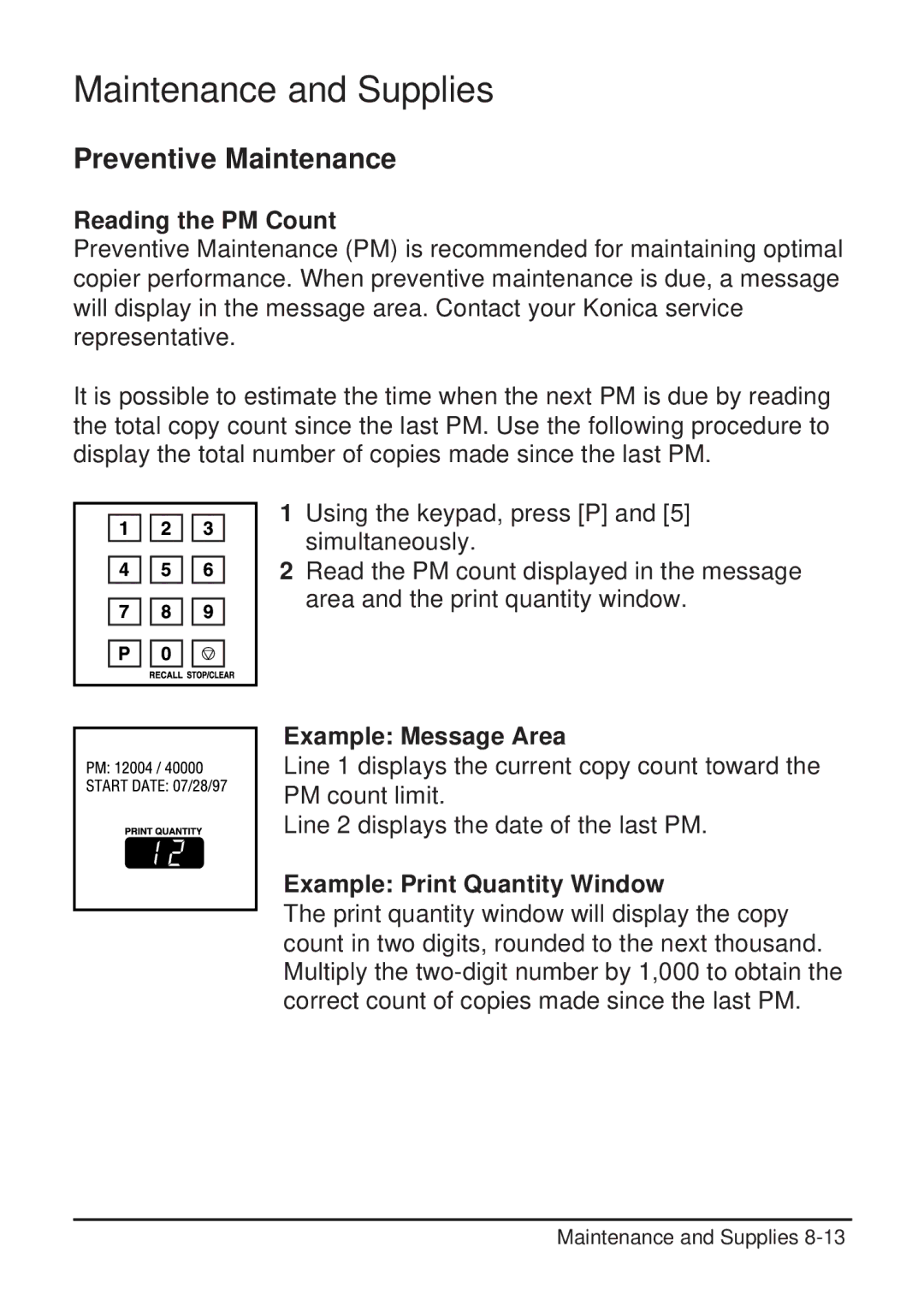 Konica Minolta 2223 Preventive Maintenance, Reading the PM Count, Example Message Area, Example Print Quantity Window 