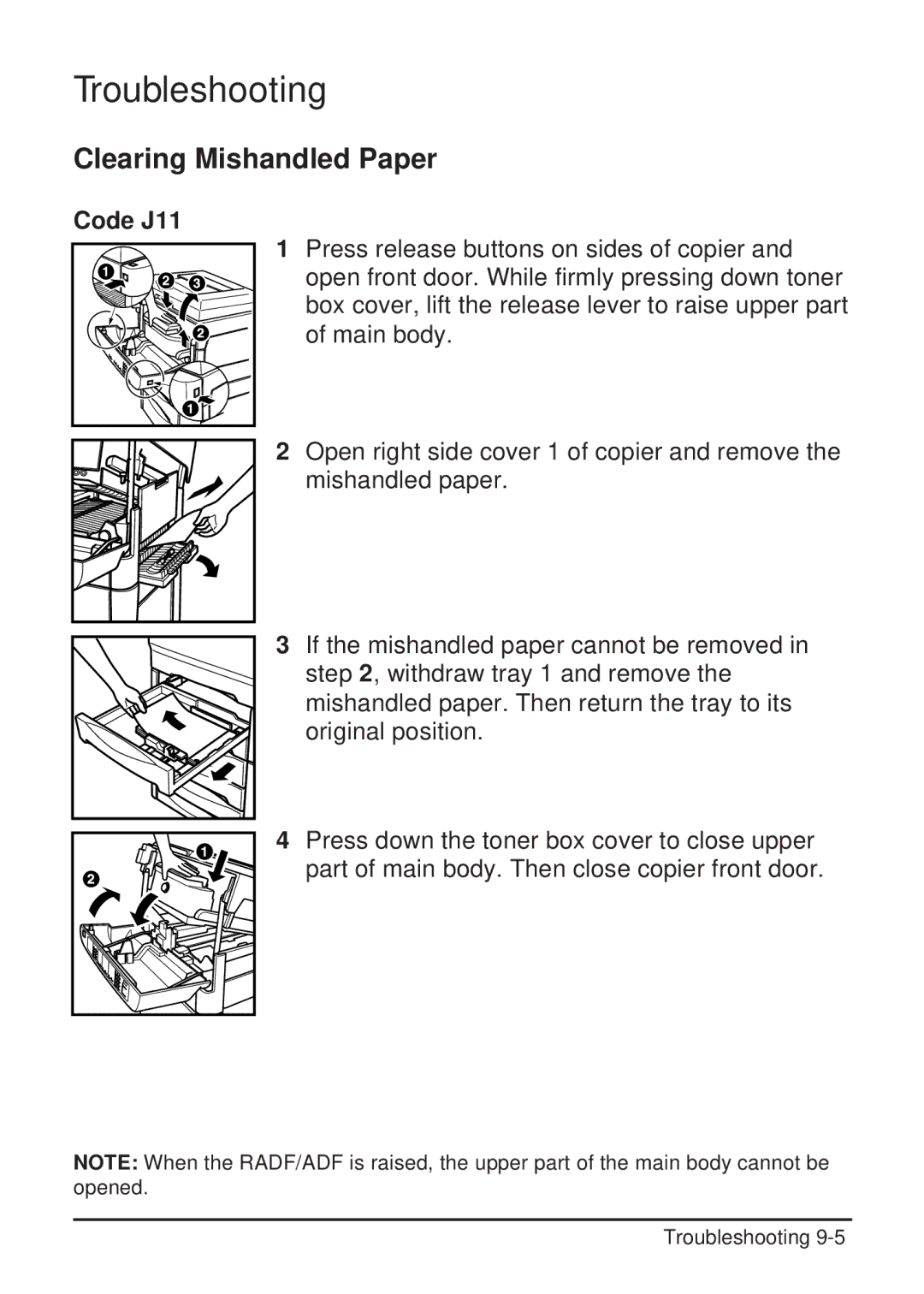 Konica Minolta 2223 user manual Clearing Mishandled Paper, Code J11 